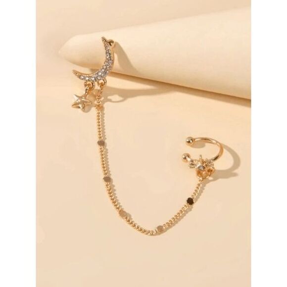 GOLD DIAMOND CRESCENT MOON STAR EARRING AND CHAIN EAR CUFF - Picture 1 of 4